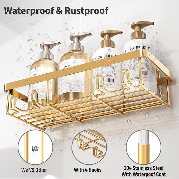Liuoud 10 Pack Shower Caddy Organizer Rack Shelf for Inside Shower, Self Adhesive Wall Storage Basket Rustproof Stainless Steel Shampoo Holder Bathroom Accessory Decor Set, Bright Gold