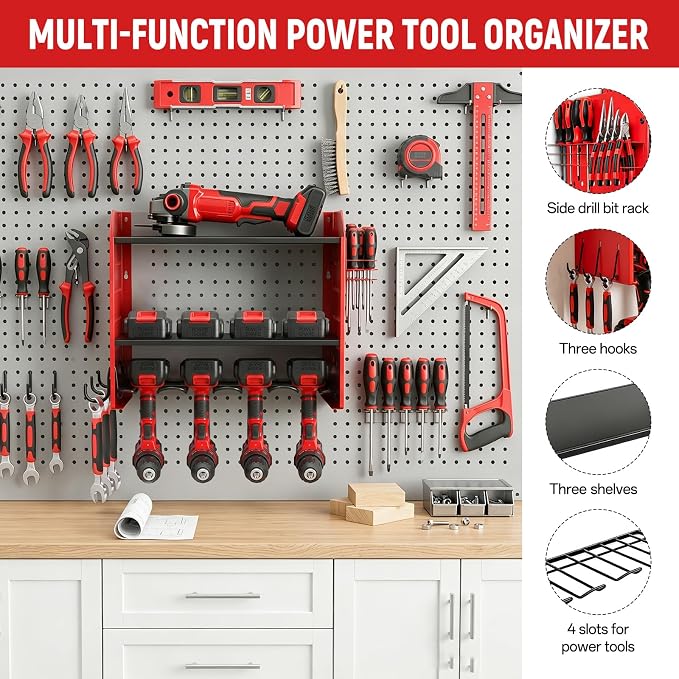 Power Tool Organizer Wall Mount,Power Drill Tool Holder | 200lb Heavy Duty Tool Shelf,4 Tier Cordless Tool Organizerwith 4 Drill Holders & 3 Divider Panels,Red