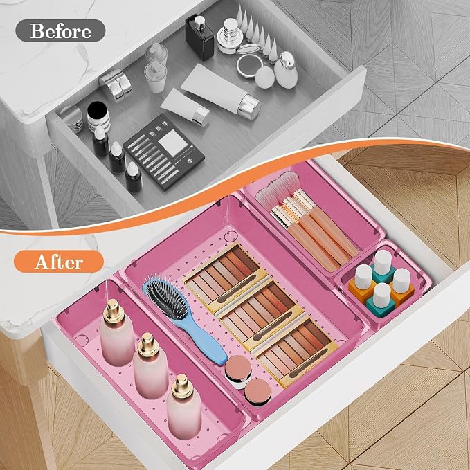 SpaceHacks 25 PCS Plastic Drawer Organizer Set, 4-Size Versatile Organizer Trays & storage Bins for Makeup, Jewelry, and Gadgets in Bathroom, Bedroom and Office, Clear Pink