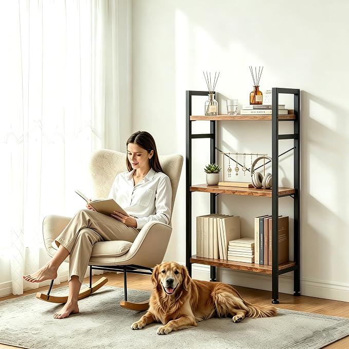 HealSmart 3 Tier Bookshelf, Free Standing Book Shelf Home Office Bookcase Shelf Storage Organizer for Bedroom, Bathroom, Living Room, Office, Balcony, Rust Brown