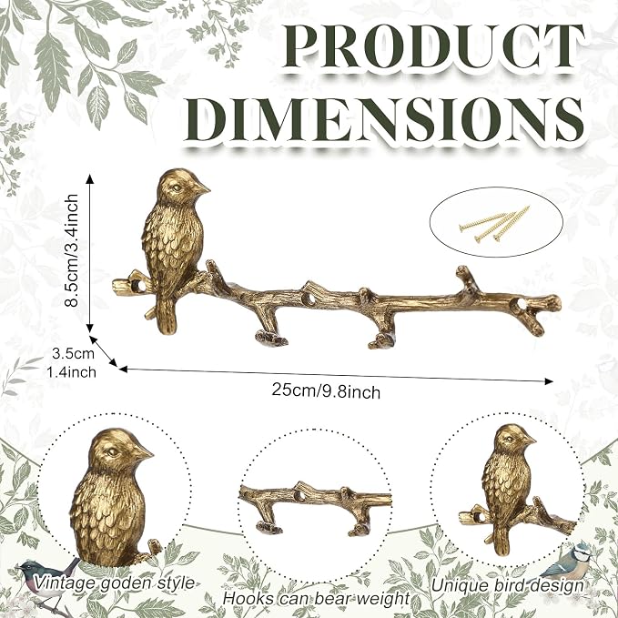 Hicarer Metal Bird Coat Hooks Antique Gold Bird Hangers and Key Holder Animal Theme Hooks for Entryway Bathroom Bedroom