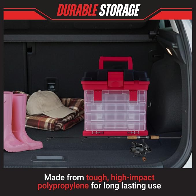 Stalwart Portable Tool Box Small Parts Organizer with Drawers, Red | Customizable Compartments for Hardware, Fishing Tackle Box, Beads, or Craft Supplies