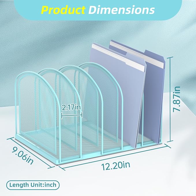 SUPEASY File Organizer 5-Section Mesh Desk Organizer, Upright File Organizer Desktop Organizer File Sorter, File Folder Holder for Office Supplies, Blue | 5 Vertical Compartments with Sturdy Metal Base for Office Documents Books Magazines and Laptop