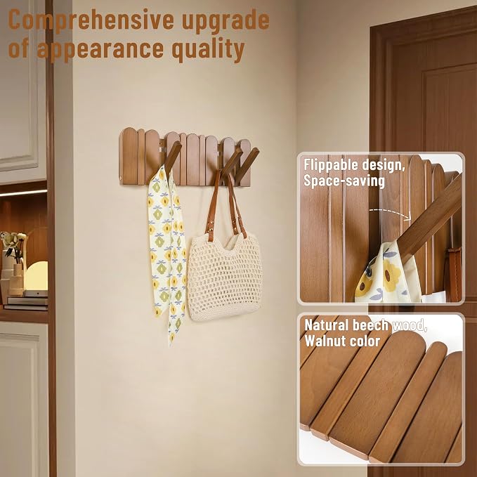 Wall Coat Rack for Entryway: Wooden Modern Heavy Duty 6 Hooks | Foldable Wall Mounted for Small Spaces Entryway Bathroom for Hanging Jacket Towel Backpack - Space Saving Home Decor