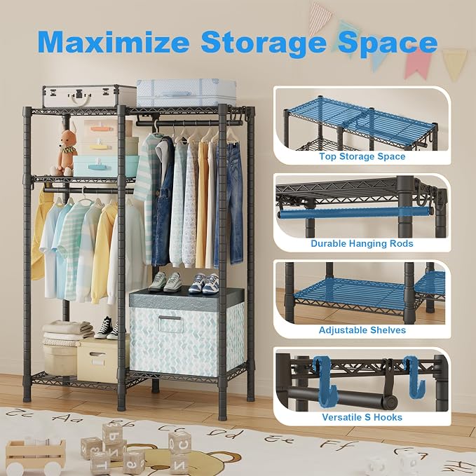 F1 Garment Rack for Kids, Baby, Students, and Children's Room, 4 Tiers Freestanding and Portable Heavy Duty Closets, Small Metal Clothes Rack with 2 Hanging Rod, 31.2" W x 11.8" D x 48" H, Black | Small Clothing Racks with 2 Hanger Rods for Hanging Bab...