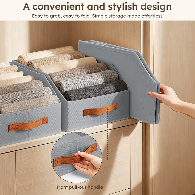 Fabric Storage Bins for Organizing - 6 Pack Large Trapezoid Collapsible Storage Bins with Front Handle, Closet Organizers and Storage for Bedroom, Home Shelves, Small Spaces, Grey