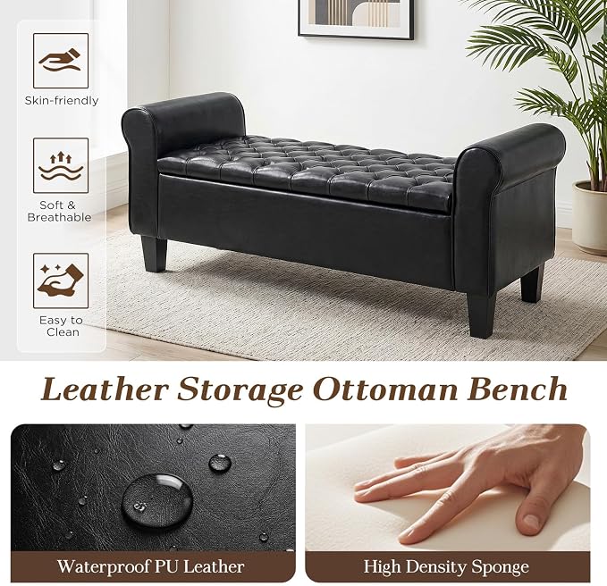 55" Storage Ottoman Bench for Living Room, End of Bed Bench with Rolled Arm Leather Ottoman with Storage Upholstered Entryway Bench Retro Style Footboard Bench for Bedroom, Black