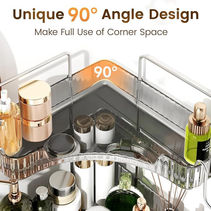 Bathroom Counter Organizer 3-Tier Corner Organizer with Hooks | Gray PET Counter Storage, Multi-Purpose for Bathroom Skincare & Kitchen Organization