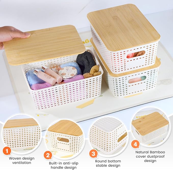 Ohmlove Plastic Storage Baskets With Bamboo Lid - Plastic Storage Containers Stackable Storage bins: Storage Baskets for Organizing Shelves Drawers Desktop Closet Playroom Classroom Office, 6 Pack