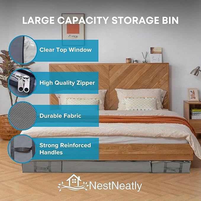 NeatNestly SmartCube Under Bed Storage Bags, 3 Pack Gray, 39" x 18" x 6" | Large Containers with Reinforced Handles, Foldable Underbed Storage Organizer for Clothing, Blankets & Shoes