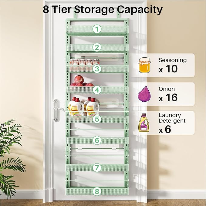 SNTD 8 Tiers Over the Door Organizer - Height Adjustable Pantry Organizers and Storage with Dense Mesh Baskets, Anti-Swing Hanging Door Spice Rack for Kitchen Bathroom (Green, 17" W x 6" D x 69" H)