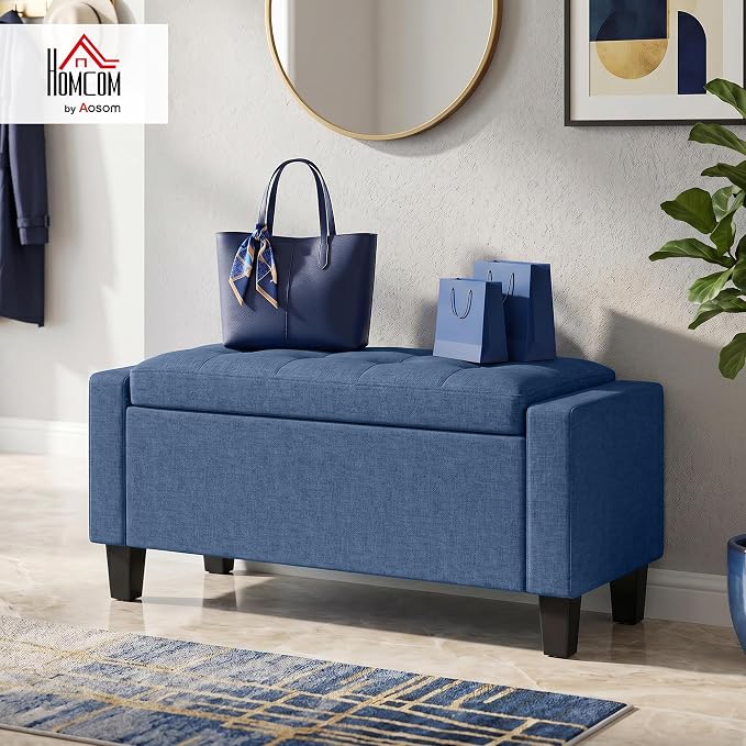 HOMCOM 36.6" Tufted Fabric Rectangular Storage Ottoman Bench Blue | With Armrests, Wooden Legs, Holds up to 528 lbs, for Entryway Living Room Bedroom
