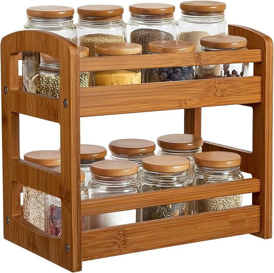 Briful 2 Tier Bamboo Spice Rack Organizer for Countertop Small Kitchen Shelf for Spices Coffee Bar Pantry & Cabinet Organization, Brown
