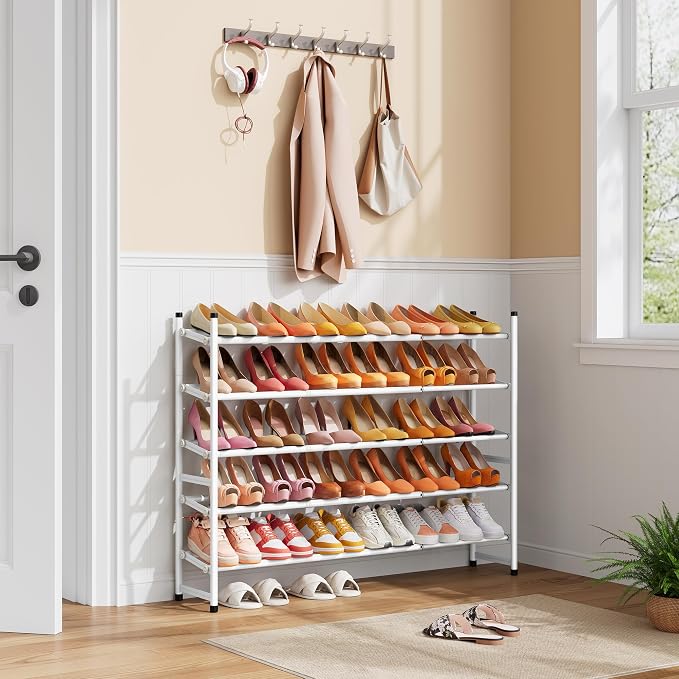 Expandable Shoe Rack for Closet 5 Tier, 28“-41“Stackable, White | Adjustable Shoe Organizer Closet Shoe Rack Floor, Metal Shoe Shelf Storage for Entryway, Closet, Garage, Front Door Entrance