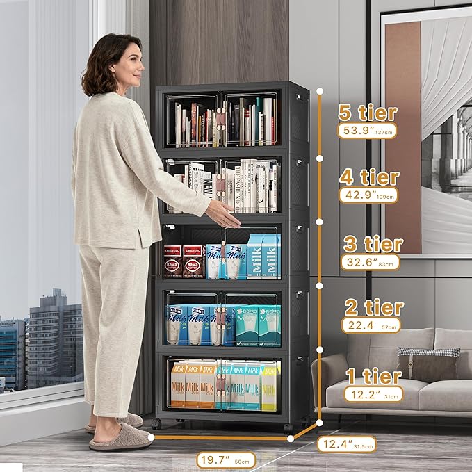 UAMFURI Stackable Storage Bins, 275QT Collapsible Drawers with 1 Lid | Large Capacity, Magnetic Door, Stack Lock, Rolling Wheels, Foldable Design, Organizers and Storage for Bedroom Dorm Garage