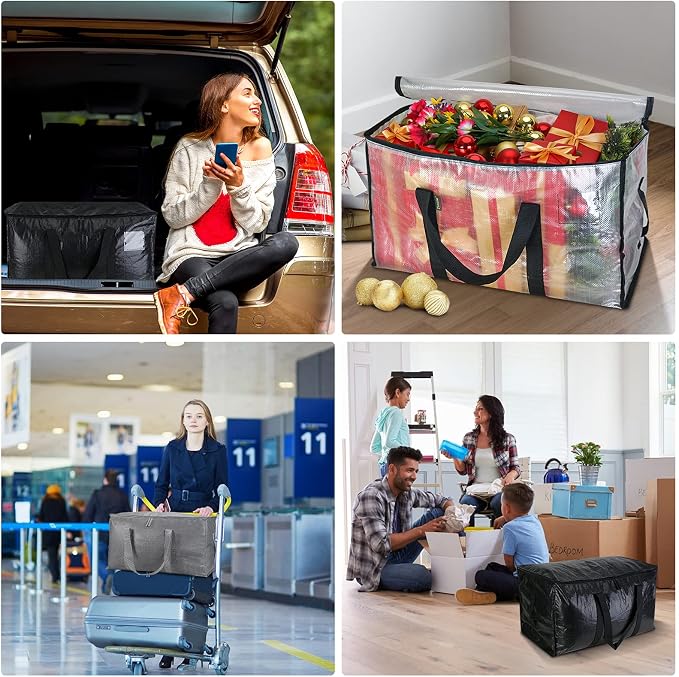 BALEINE 6-Pack Oversized Moving Bags with Reinforced Handles, Heavy-Duty Storage Tote for Clothes, Moving Supplies (Black, 6-Pack)
