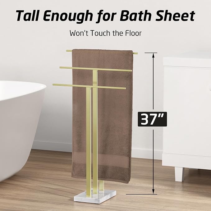 KES 3-Tier Freestanding Towel Rack with Marble Base, 36" Tall, Brushed Gold | Weighted Base Prevents Tipping, Anti-Slip Pads, No-Drill Assembly, Fits Bath Sheets And Hand Towels, For Humid Bathrooms