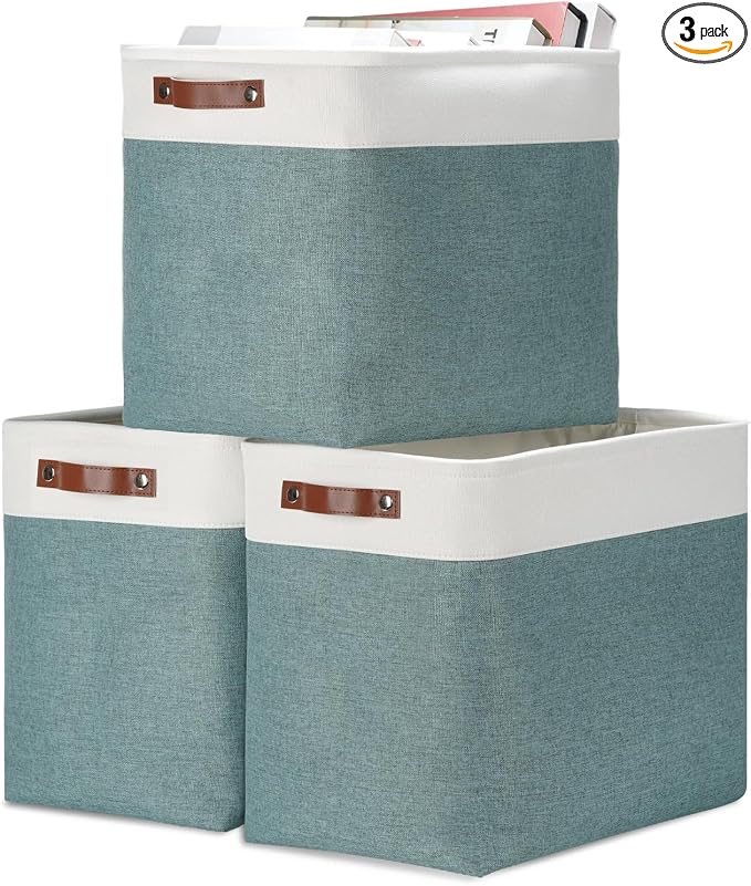 DULLEMELO Large Rectangular Baskets for Blankets 51L Canvas Storage Baskets for Organizing 3 Pack Collapsible Baskets Bins for Organizing Home Office with Handles (White&Deep Green)