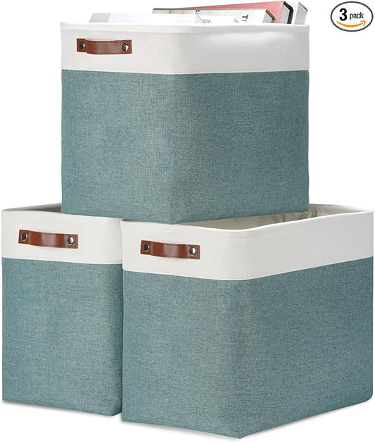 DULLEMELO Large Rectangular Baskets for Blankets 51L Canvas Storage Baskets for Organizing 3 Pack Collapsible Baskets Bins for Organizing Home Office with Handles (White&Deep Green)
