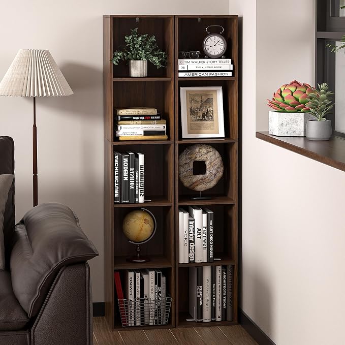 5 Cube Storage Organizer, Narrow Open Shelf Bookcase, Freestanding 5 Tier Low Display Bookshelf for Home Office, Living Room, Bedroom, Dark Brown & Black Walnut