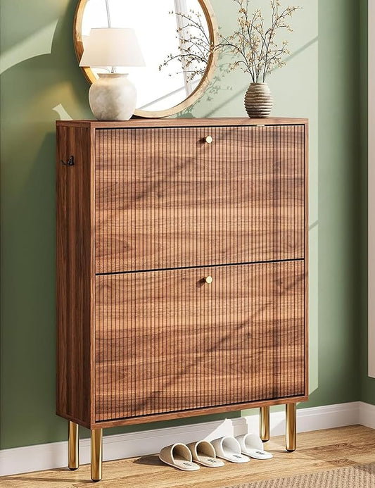 Nicetree Shoe Storage Cabinet for Entryway - 2 Flip Drawers Shoe Cabinet with Tiered Fluted Design - Slim Shoe Storage Rack with Gold Legs - Narrow Shoe Cabinet Hidden Shoe Organizer for Small Spaces