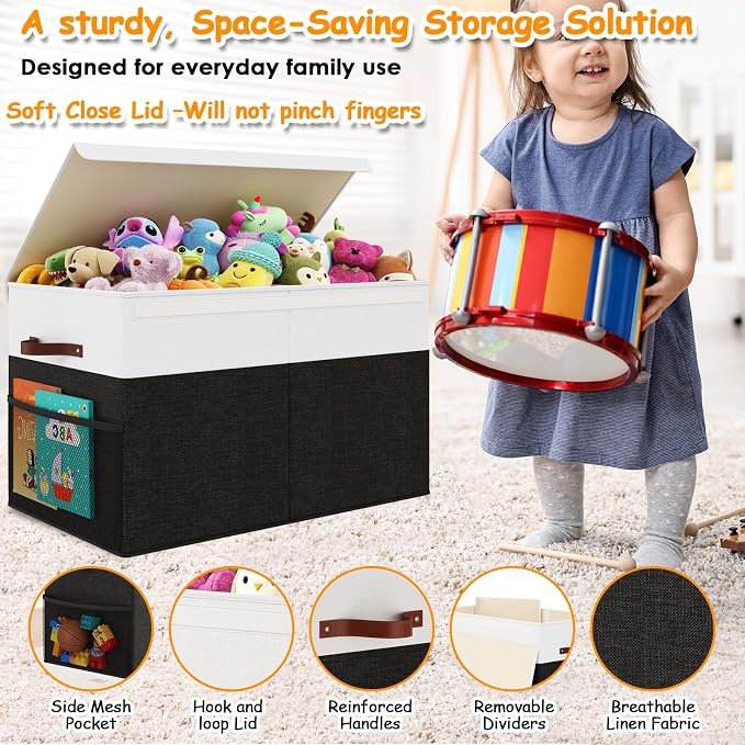 Large Toy Storage Box with Lid Upgraded Toy Storage Chest Organizer with Divider Foldable Toy Bin for Kids Boys Girls Playroom Nursery Bedroom (25"x13"x16")