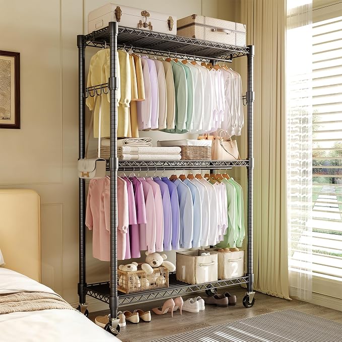 3 Tier Clothes Rack 727LBS Load Wardrobe Closet with Wheels & Adjustable Shelves & 2 Hanging Rod for Hanging Clothes 79.7" H x 45.2" W x 15.8" D Black