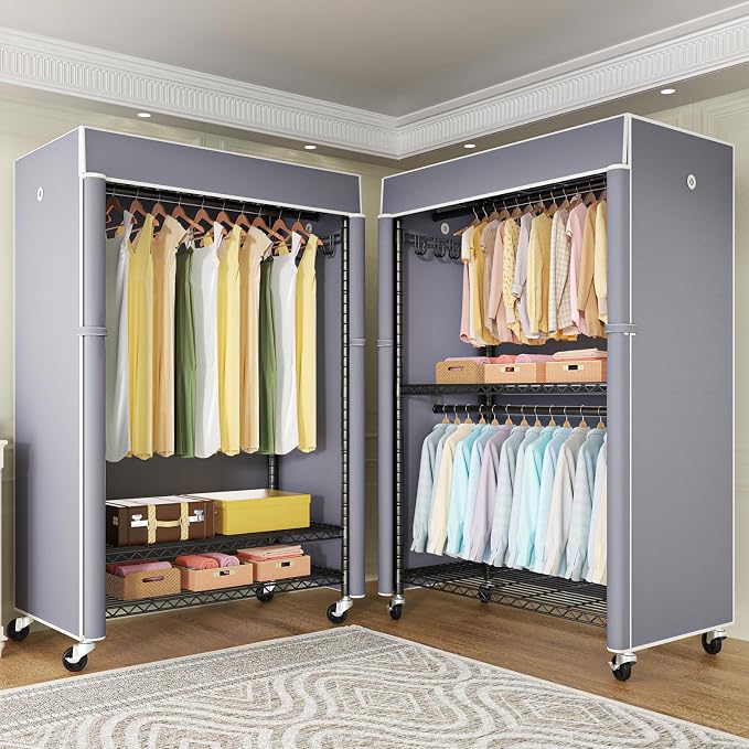 Black Clothing Rack with Grey Cover, P1C Plus Rolling Closets | Metal Garment Rack with Wheels for Hanging Clothes, Portable Clothing Storage Wardrobe