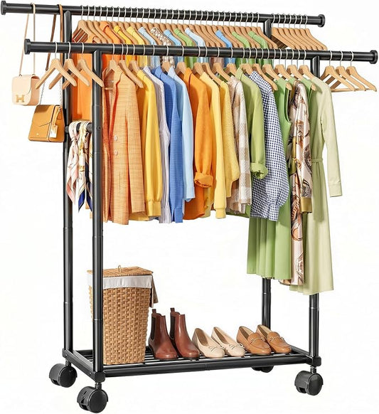 Sakugi Double Rods Clothes Rack - Metal Clothing Rack with Fixed Double Rods, Rolling Wheels & Built-In Shelf for Closet, Bedroom, Laundry Storage (39" x 17" x 60", Black)