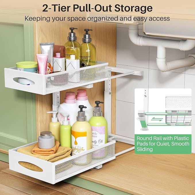 Under Sink Organizer, 2 Pack 2 Tier Pull out Cabinet Organizer Baskets with Mesh Sliding Drawers, Slide out Sink Storage Shelves for Kitchen, Bathroom, Pantry, Cabinet Organizers and Storage(White)