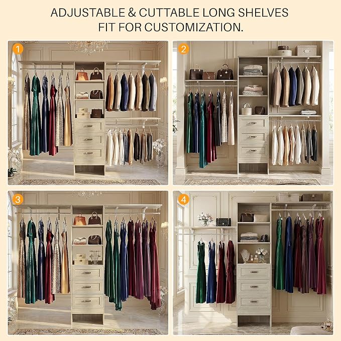 8FT Closet System with 3 Curved Drawers, 96'' Wooden Walk-in Closet Organizer with 3 Top Shelves, Adjustable Organizer System with 3 Hanging Rods, Built-in Wardrobe Storage Rack for 4-8 ft, White Oak