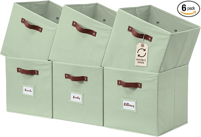 DECOMOMO Storage Bins, Cube Storage Bin with Labels | 13" x 13" x 13" Fabric Storage Cubes for Shelves (6pcs, Sage Green)