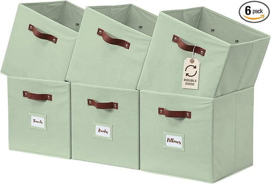 DECOMOMO Storage Bins, Cube Storage Bin with Labels | 13" x 13" x 13" Fabric Storage Cubes for Shelves (6pcs, Sage Green)