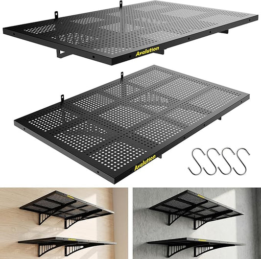 Avalution Garage Wall Shelving,2x3ft Garage Shelving Wall Mounted 2 Pack,Heavy Duty Wall Organizer Storage Shelf with Hooks,650lbs Capacity Floating Shelves for Laundry, Basement,Warehouse,Black