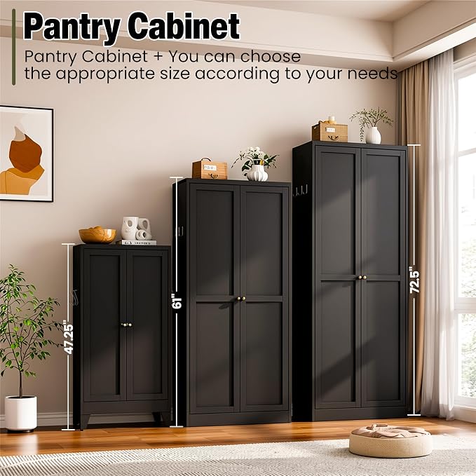 AQY Kitchen Pantry Cabinet,47" Black Pantry Storage Cabinet with 5 Tier Adjustable Shelves and 2 Doors,Freestanding Cupboard,Metal Pantry Cabinets with Handle for Living Room Kitchen Assembly Required