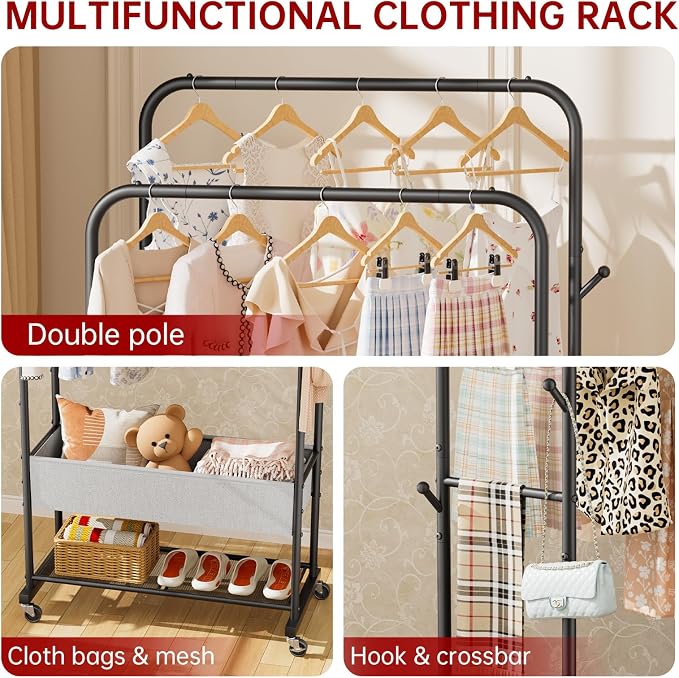 SINGAYE Wardrobe Standing Closet Clothing Rack With Shelf Hanging Clothes | Wardrobe Open Compact Small Metal Garment Hanger Stand Alone Free Standing Black Closet Rack Storage Organizer Heavy Duty