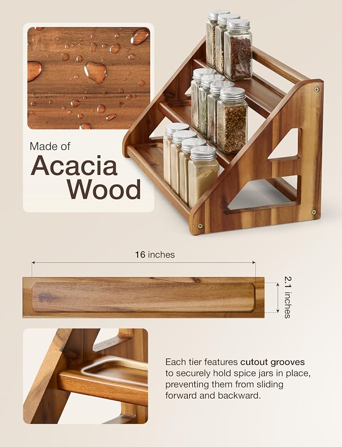 Tinamo Acacia Wood Spice Rack for Countertop - Wooden Tray Holds 24 Jars Spice Racks Organizer for Storage Shelf - 3 Tiered Spice Rack Organizer for Cabinet - Spice Shelf for Kitchen Pantry (Acacia) | Acacia Wood, 3-tier Spacious Design for 24 Spice Ja...