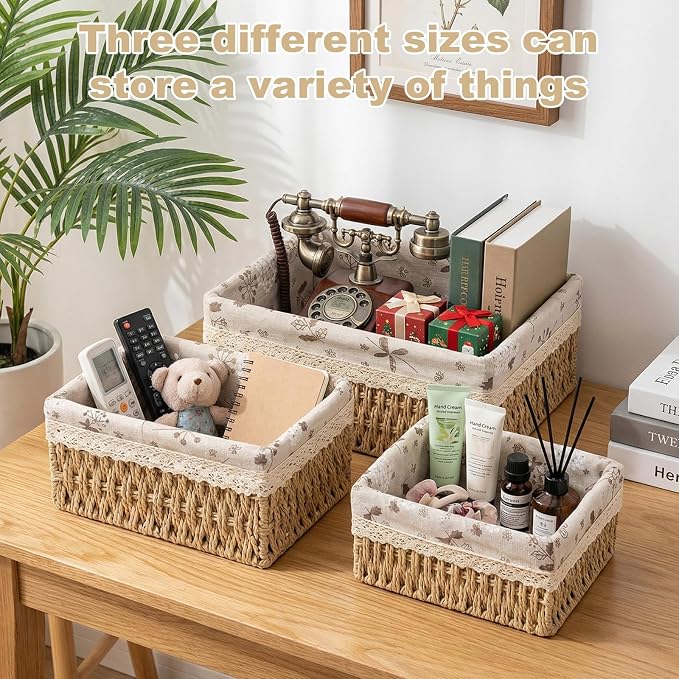 Wicker Storage Baskets Set of 3, Handwoven Paper Rope Organizer Bins with Removable Floral Liner, Small Medium Large for Bathroom, Pantry, Shelf, Countertop, Closet (Beige, L+M+S)