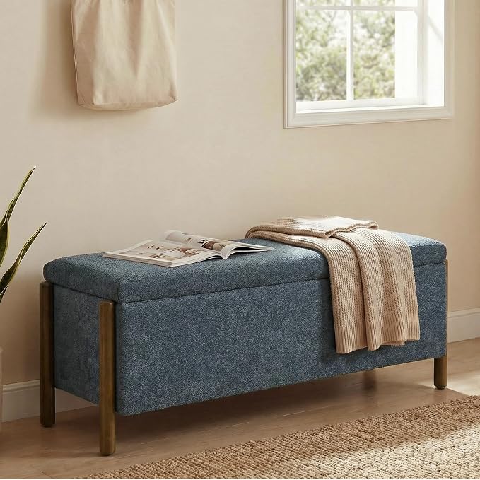 Usaint Wooden Storage Ottoman Bench, 47" Fabric Upholstered End of Storage Bench with Rubberwood Legs, Entryway Bench with Storage for Bedroom, Living Room, Reception, Cloakroom, Blue