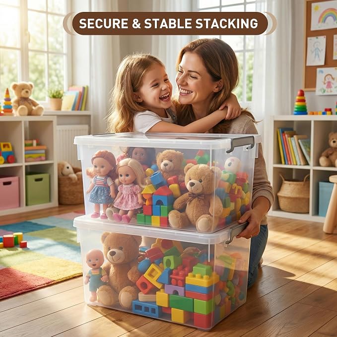 Citylife 48 Qt Ultra-Thick (3.82mm) Clear Plastic Storage Bins with Lids, 4-Pack Stackable Straight-Wall Closet Organizers with Honeycomb Base & Pinch-Free Latches for Garage, Clothes & Holiday Decor