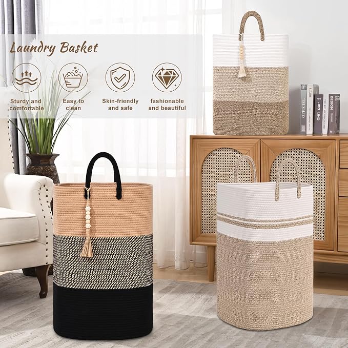 Woven Laundry Basket for Clothes, 80 L Large Rectangle Laundry Hampers with Beads Tassel, Nursery Storage Basket for Toys, Tall Dirty Clothes Hamper for Bedroom Aesthetic, Laundry Room Organization