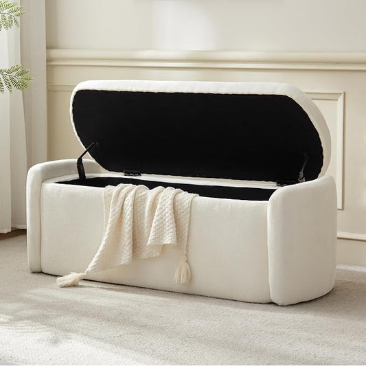VKNOW Storage Bench, Upholstered Storage Ottoman Bench with Hinge, Cream | Ottoman Bench with Large Capacity, Curved Frame, Soft Fabric, Storage Bench for Bedroom, Living Room, Entryway, Window