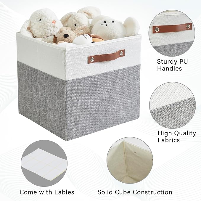 Bagnizer Collapsible Fabric Storage Cube Bins with 2 Reinforced PU Handles, Foldable Storage Organizer Baskets for Closet, Shelves, Living Room | 13"x13"x13", 4 Pack, Gray & White