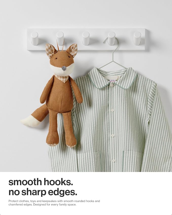 LARHN Wall Mounted Coat Rack, White with 5 Heavy-Duty 1" Diameter Hooks | (2-Pack), 16.5" - Wall Hook Rack - Modern Scandinavian Home Decor