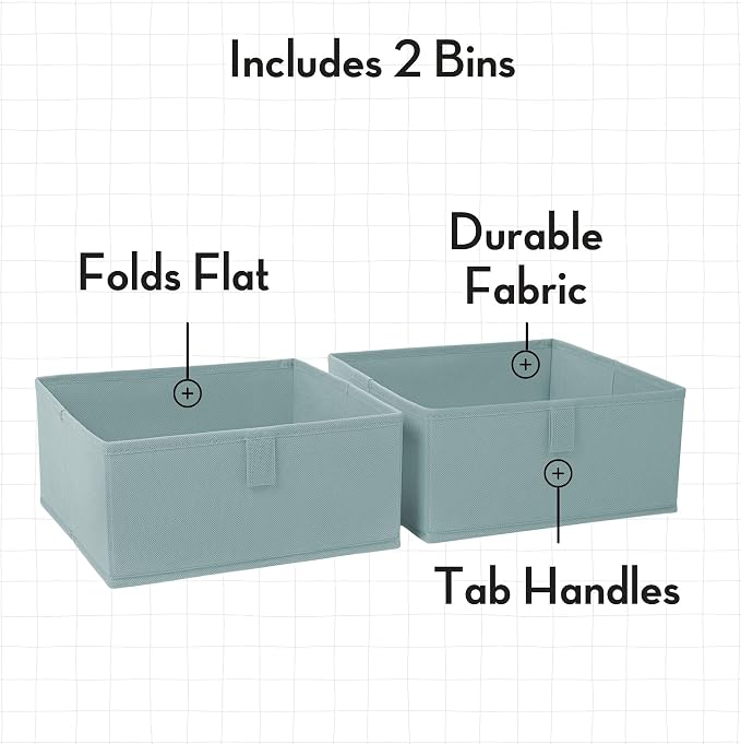 RiverRidge Folding Storage Bins - 2-pack of 5in Tall Sea Green Cubes | Fabric Bins, Set of 2 Storage Cubes, Pull-tab Handles, Playroom Closet Organizer, Collapsible Cubby with Bottom Board Insert