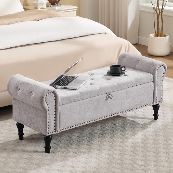 51" Storage Bench for Bedroom, Chenille End of Bed Bench, Queen Size Bench with Rolled Arms, Tufted Storage Ottoman Benches, Upholstered Bench for Bedroom, Living Room, Entryway, Light Grey