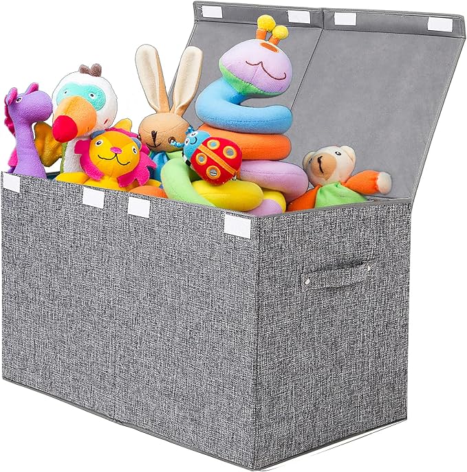Large Toy Box Storage with Lid, Collapsible Sturdy Toy Chest Storage Bin | Toy Storage with Rivets Handles for Kids, Boys, Girls, Nursery, Playroom, Living Room, Bedroom, 25"x 13" x 16" (Linen Gray)