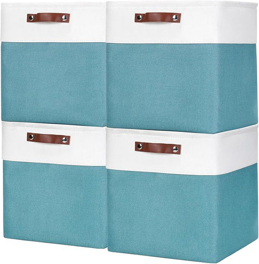 Bagnizer 13x13 Cube Storage Bins, Collapsible Fabric Storage Box, 4 Pack Closet Baskets with Handles for Organizing, Shelf, Toys, Clothes, Home, Office, Nursery (Teal&White)