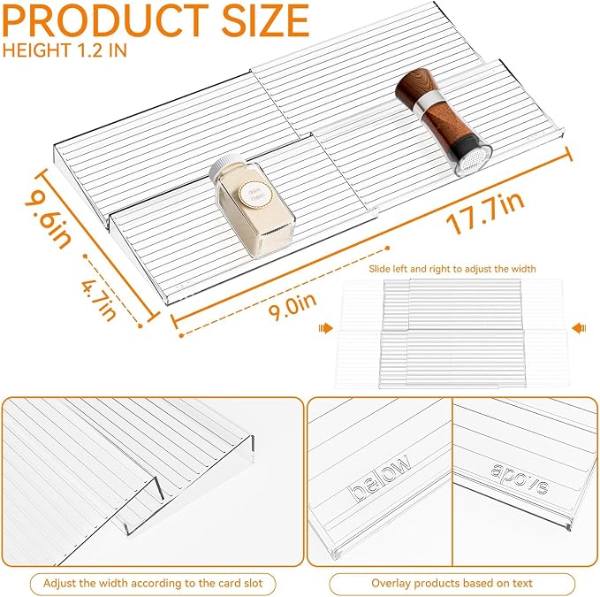 4 Pack Adjustable Narrow In Drawer Spice Organizer - Expandable From 9'' to 17.7'' - Acrylic Drawer Seasoning Organizer,Clear Spice Drawer Insert Tray for Drawers Condiment,Jar Organization