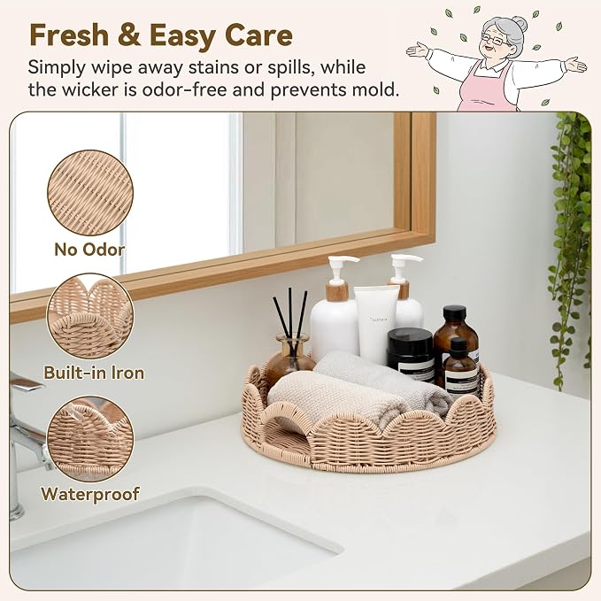 GRANNY SAYS Wicker Decorative Scalloped Trays for Home Decor, Coffee Table Trays with Handles, Woven Rattan Tray for Kitchen Counter, Round Serving Tray Decor for Living Room and Ottoman